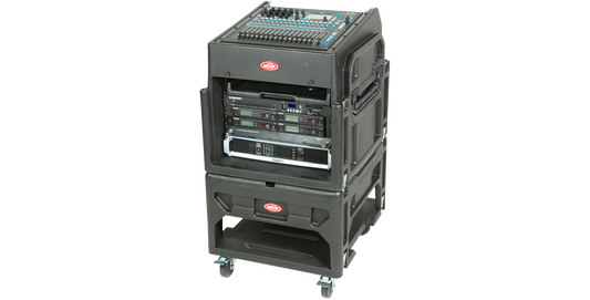 High-performance SKB Gig Rig case with 12U rack space and 8U top mixer mount, ideal for secure pro audio gear storage and transport.