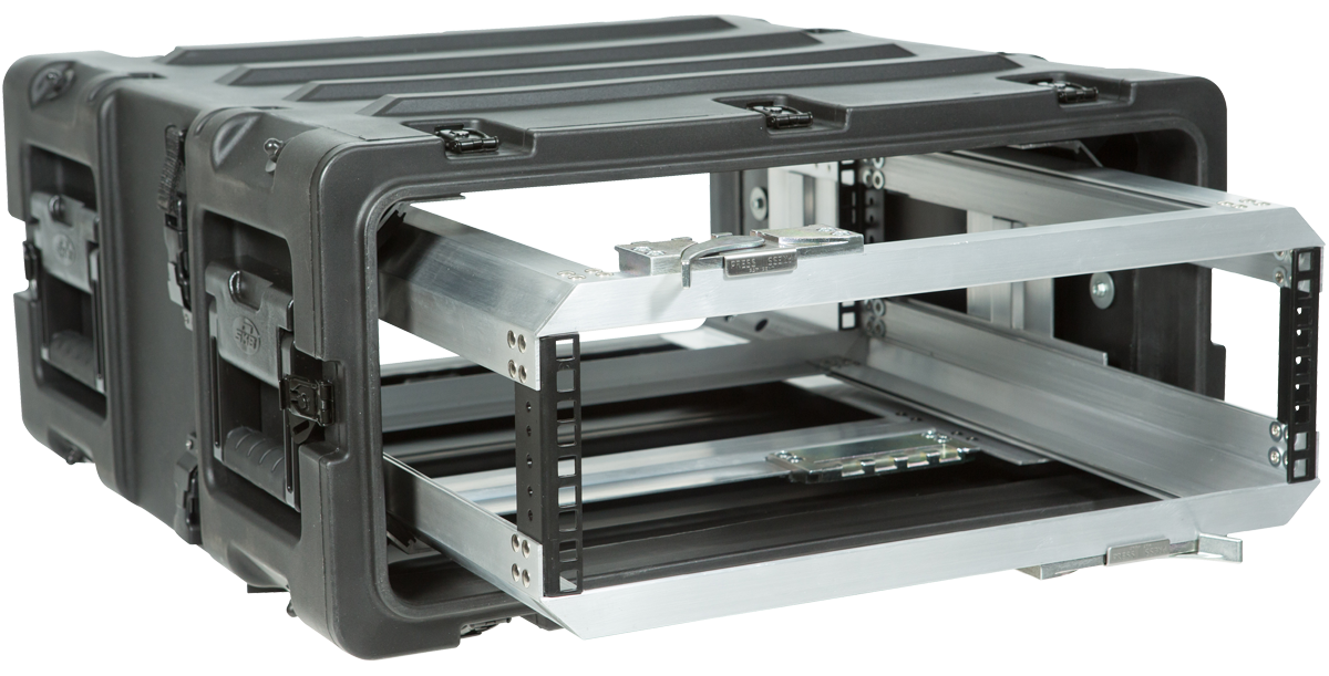 Side view of 20 Inch Shock Rack - 3U RR Series with fully extended rack frame, highlighting shockproof and removable design.