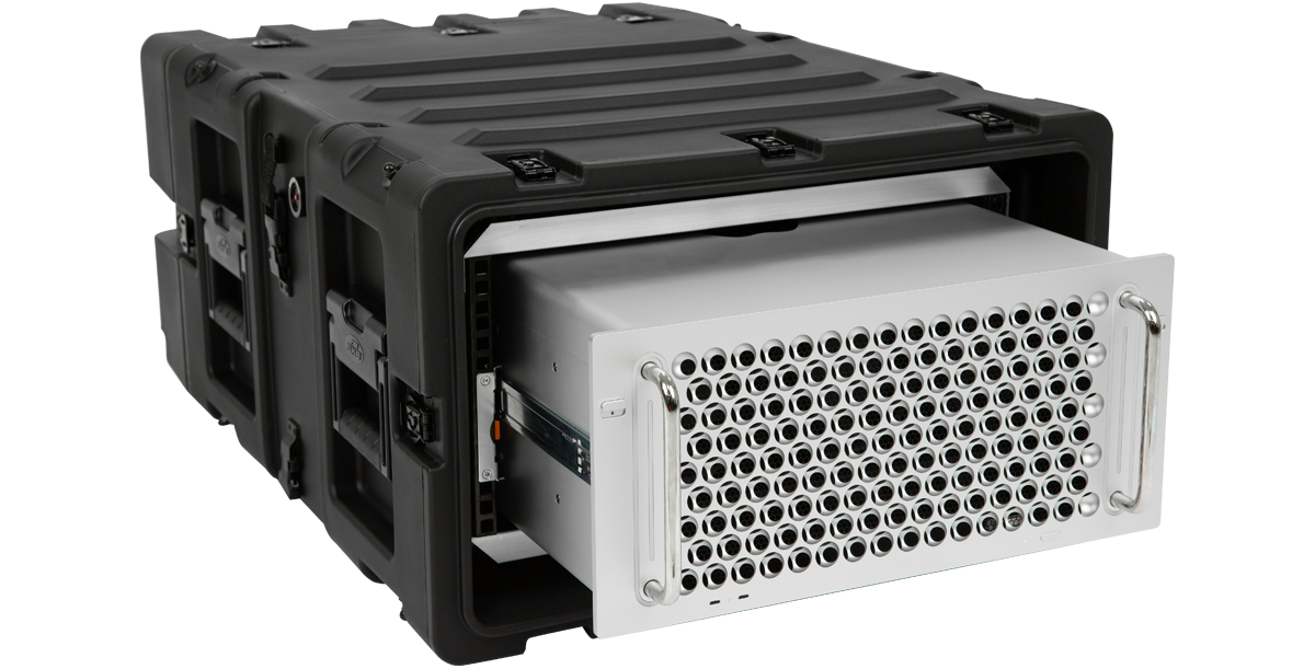 Side angle of 5U 24-inch deep shock rack case with Mac Pro extending outward. Built for impact resistance and electronic gear safety.