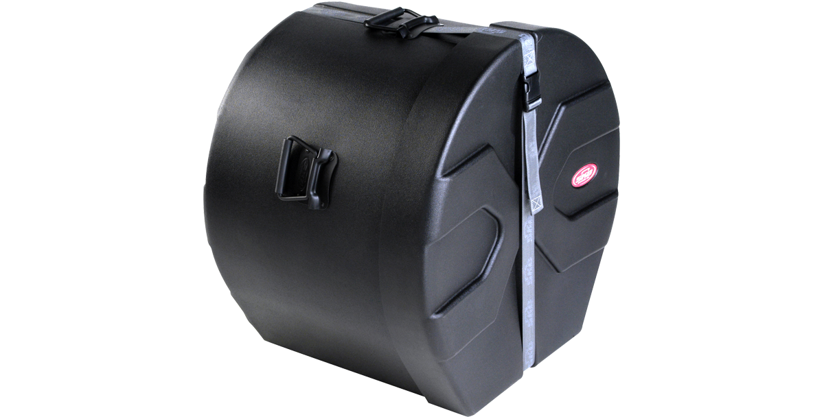 Side profile of 14 x 20 roto-molded bass drum case with ergonomic handles and heavy-duty strap for easy carrying and durability.