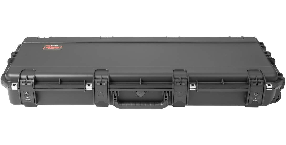Front view of waterproof electric guitar case with TSA-approved locks, showing durable latches and molded handle for portability.