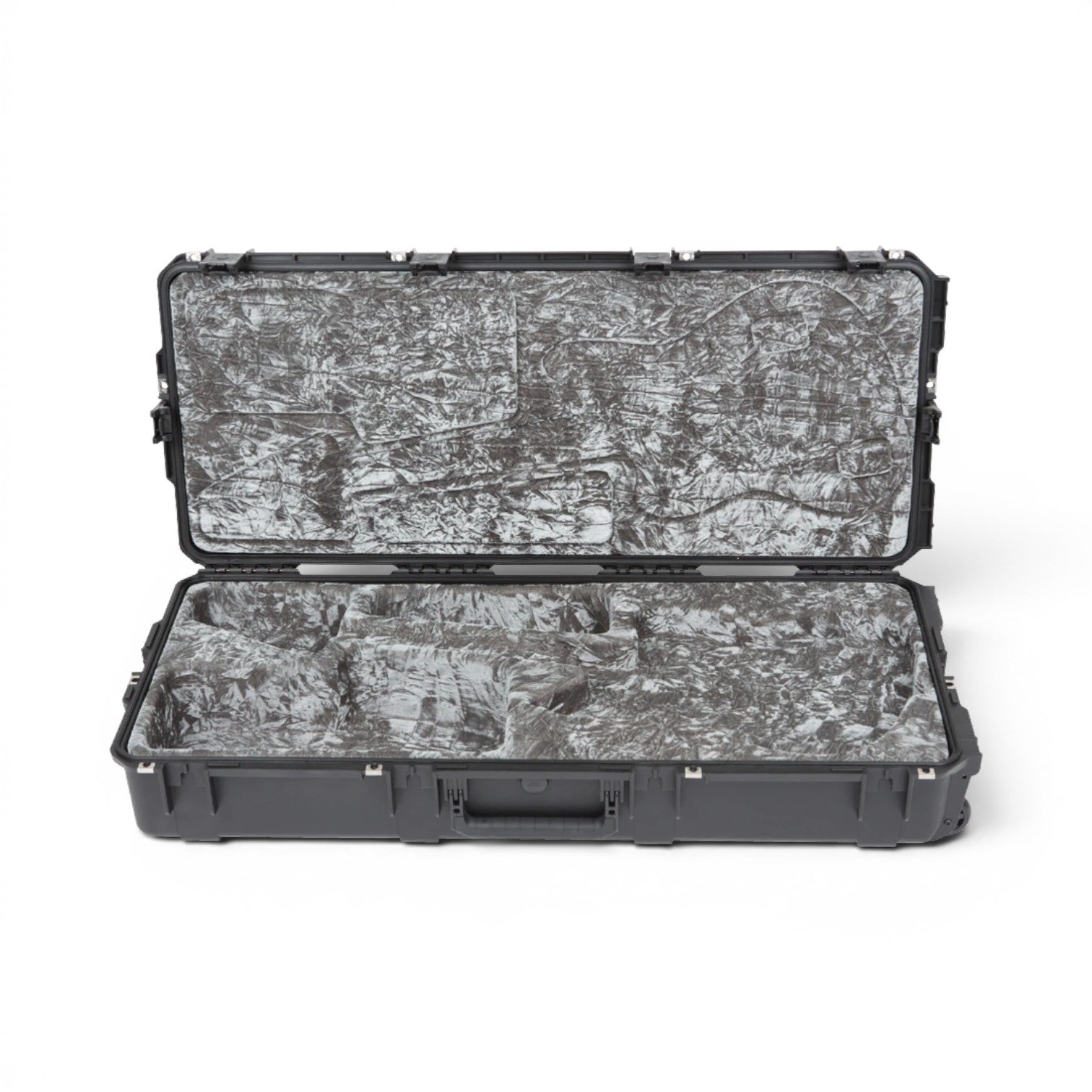 Empty iSeries waterproof guitar case for Jaguar and Jazzmaster, showcasing custom molded interior and rugged exterior for secure transport.