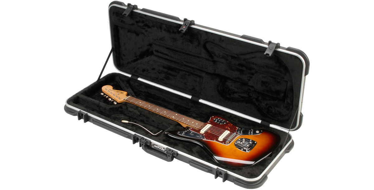 Open Fender Jazzmaster Guitar Case showing plush interior and sunburst electric guitar, ideal for travel and protection.