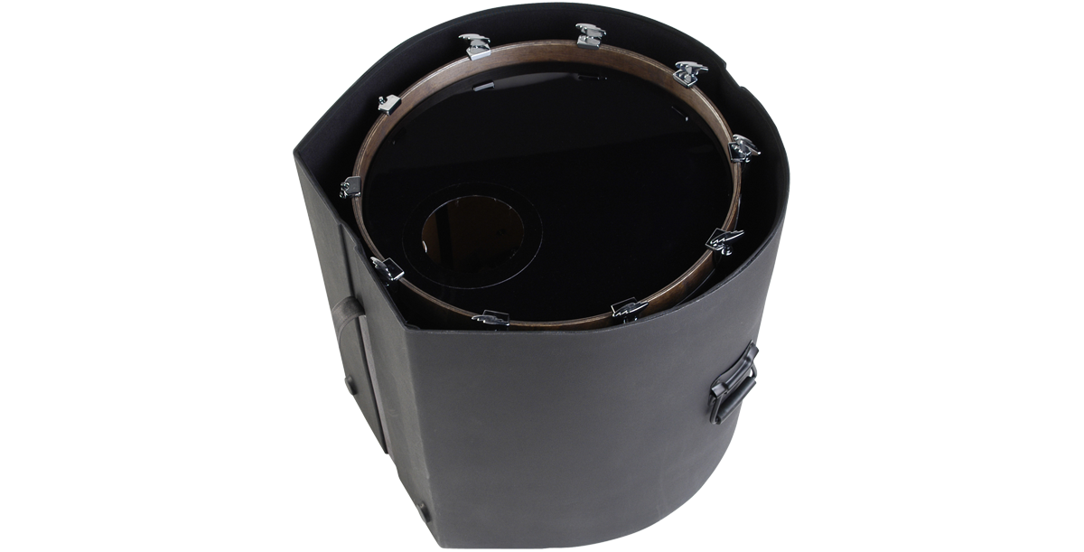 18 x 20 bass drum case with drum inside, showcasing snug fit and protective interior ideal for safe transport.