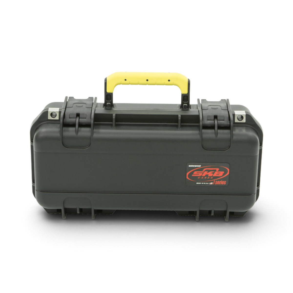SKB Cases iSeries 1706-6 waterproof black lure case with a yellow handle and secure trigger latch system.
