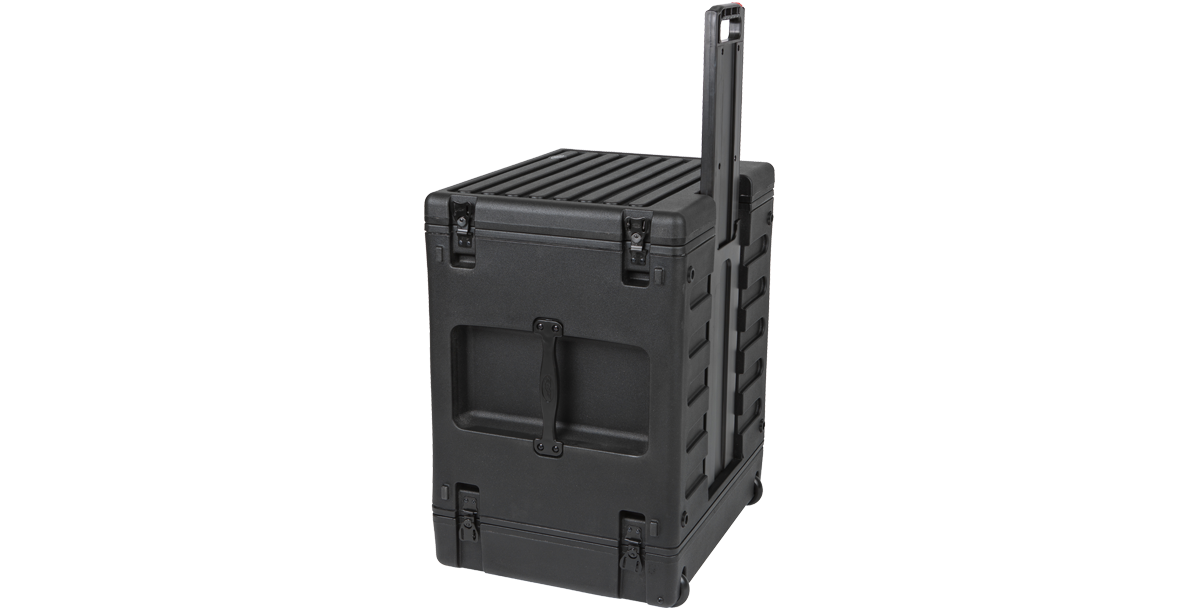 8U SKB Rolling Rack in upright position with extended pull handle and wheels, designed for easy mobility and transport of audio gear.