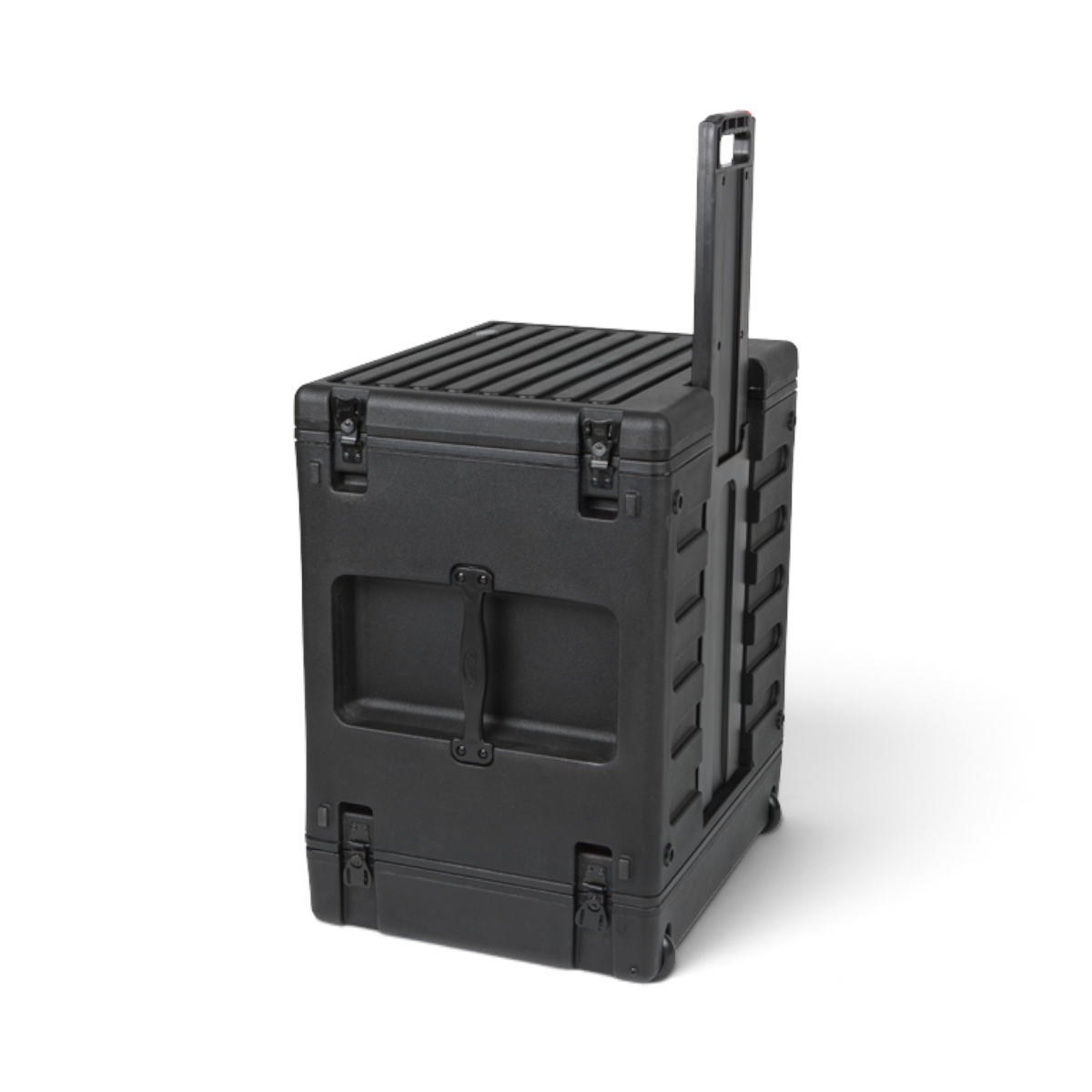 8U SKB Rolling Rack in upright position with extended pull handle and wheels, designed for easy mobility and transport of audio gear.