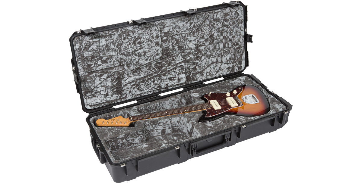 Jazzmaster guitar in waterproof SKB case, showcasing secure fit, plush lining, and rugged exterior for travel-ready protection.