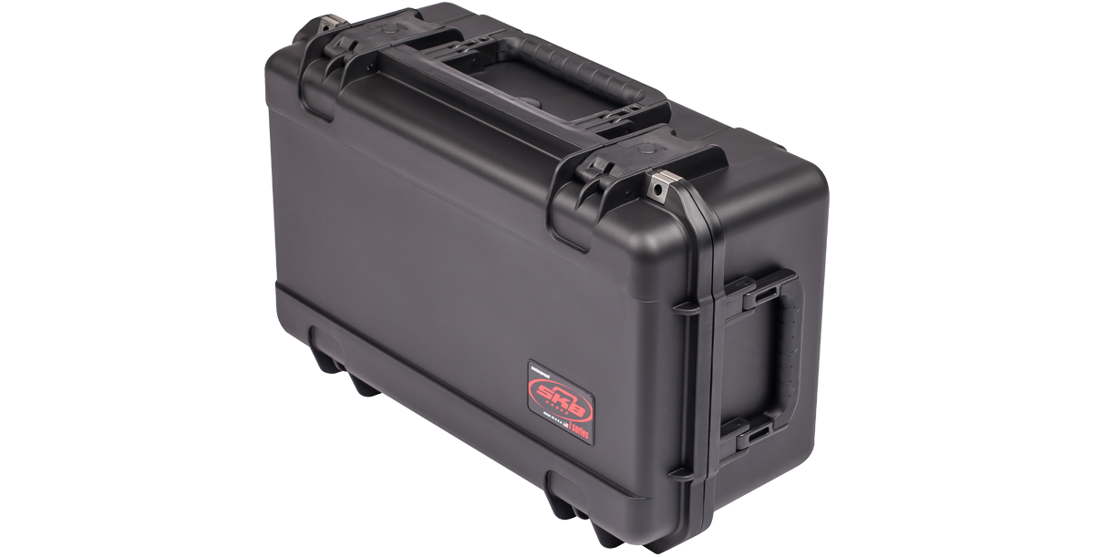 Angled upright view of iSeries 2011-8 case with side handle and wheels. Durable and portable for airline-approved carry-on use.