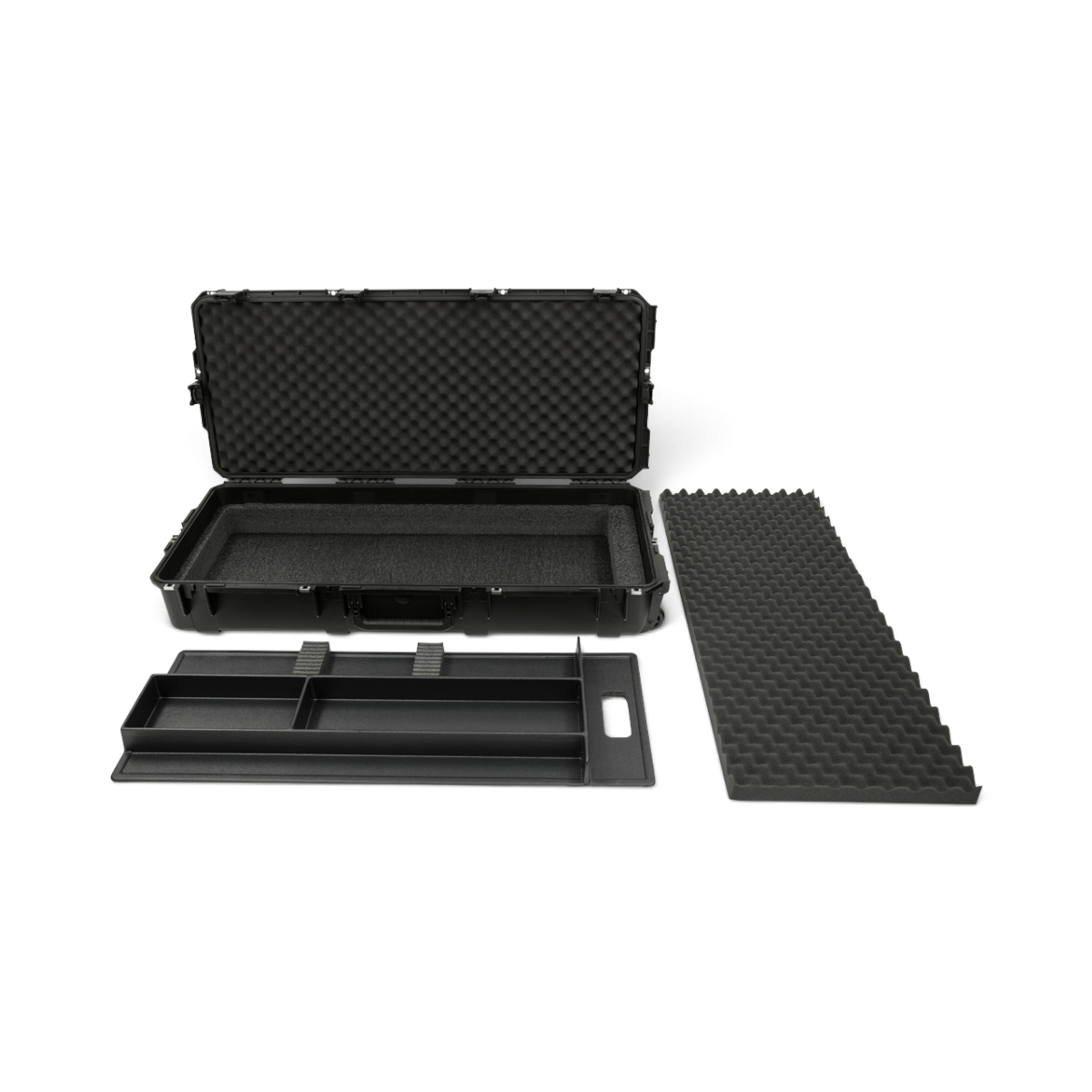 SKB Cases iSeries bow case with open lid, removable accessory tray, and egg-crate foam interior on white background
