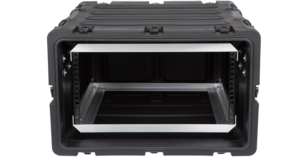 Straight-on front view of open 5U 20-inch SKB Shock Rack featuring reinforced aluminum rails and stackable case design.