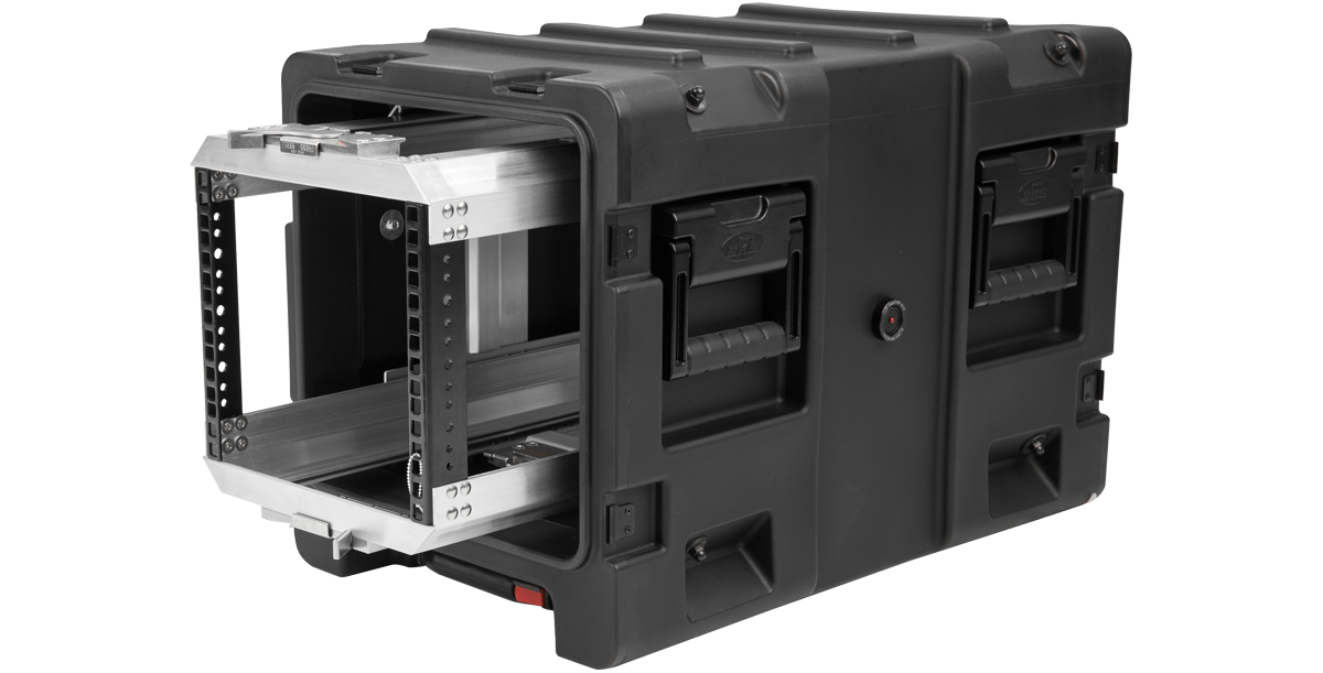 Side view of SKB 20-inch Shock Rack Case with open lid and visible rack rails, built for heavy-duty equipment protection.
