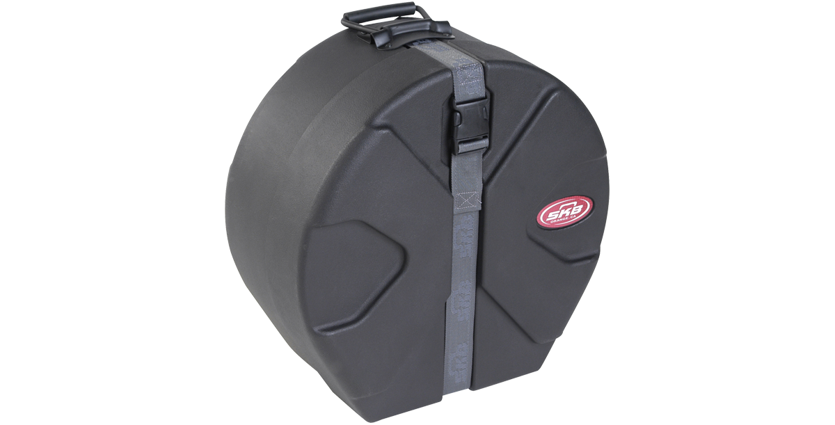 5 x 13 snare drum case with roto molded exterior and padded interior, designed for percussion protection and easy portability.