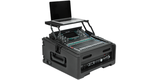 Compact Rig Case - Rolling with 10U top and 2U rack rails, shown with mixer and laptop setup for mobile audio production.