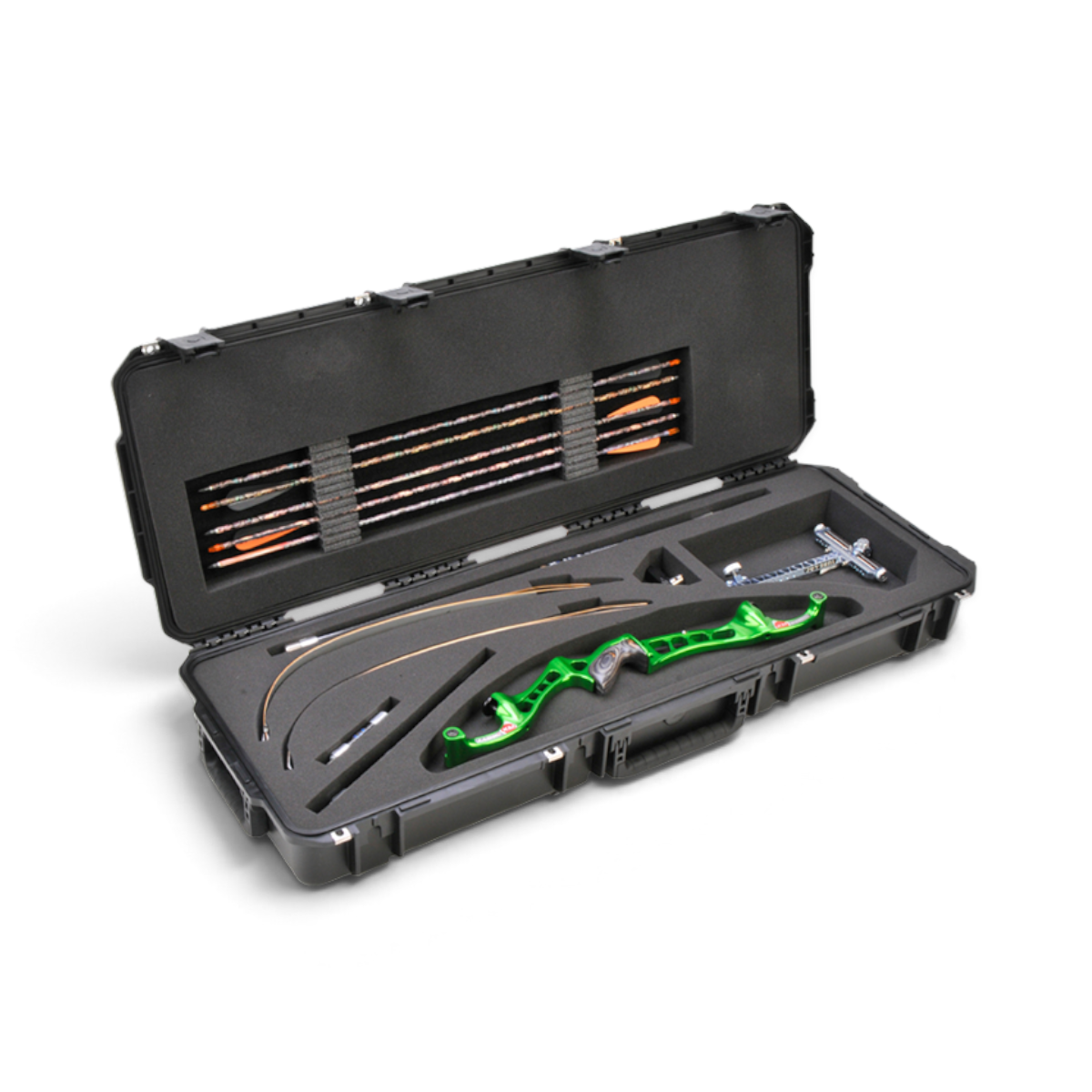SKB Cases iSeries recurve bow case with custom foam interior holding a green riser, limbs, and arrows.