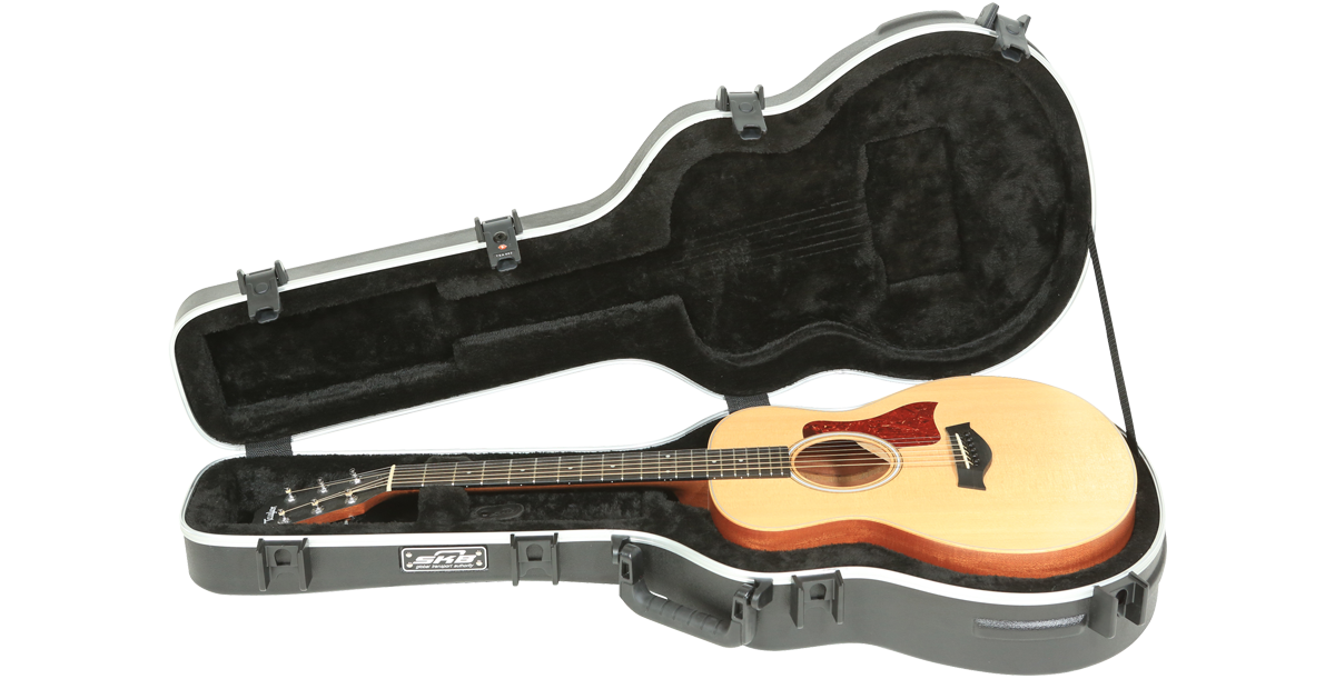 Taylor GS Mini Acoustic Case with molded interior and locking latches, securely holding a GS Mini guitar for travel protection.