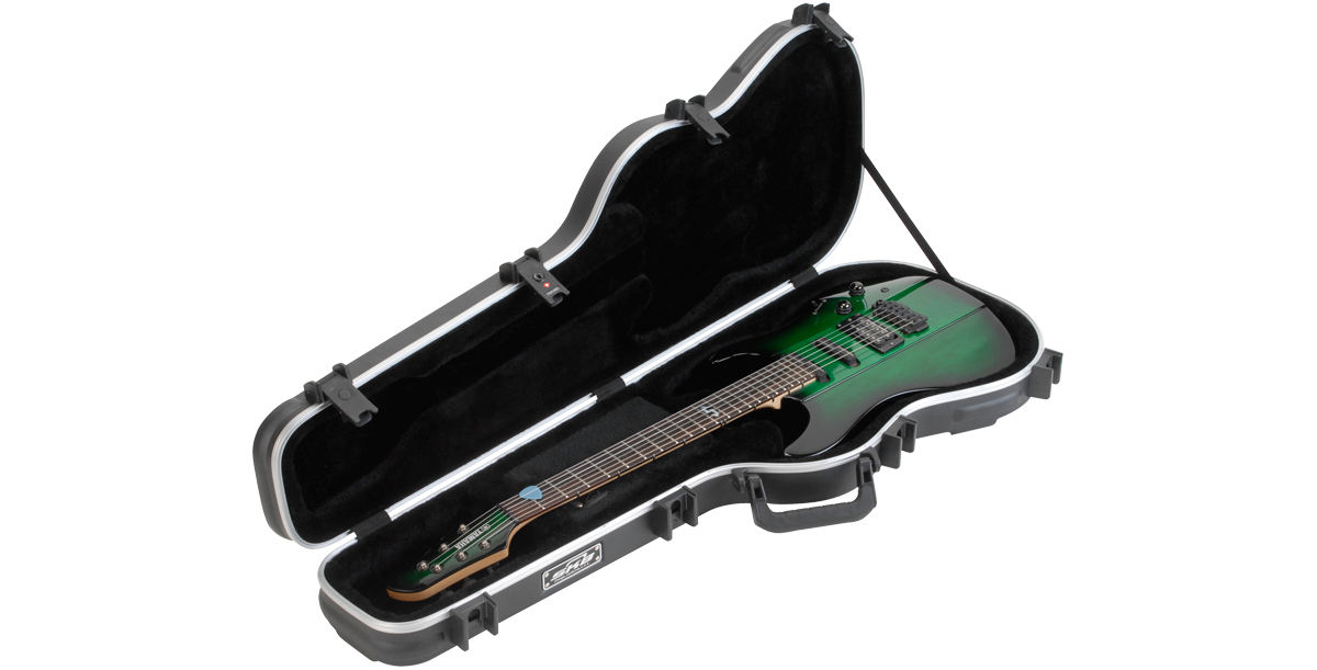 Electric Guitar Case with TSA Locks open with green electric guitar inside, showcasing plush interior and molded fit for protection.