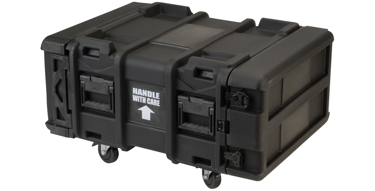 Side view of closed 24 inch shock rack with MIL-SPEC sealing and roto-molded body, built for protecting sensitive rackmount gear.