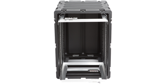 Front view of 14U Shock Rack Case - 20-inch Shock Rack with open frame, showing durable and shockproof aluminum rails for secure equipment mounting.