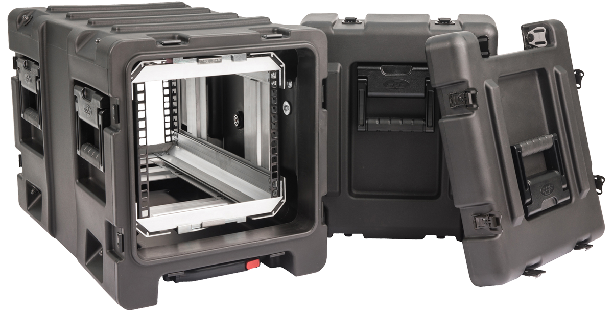 20-inch Shock Rack Case by SKB with open front and rear lids showing internal rack frame, ideal for portable racked equipment protection.