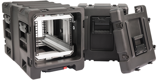 20-inch Shock Rack Case by SKB with open front and rear lids showing internal rack frame, ideal for portable racked equipment protection.