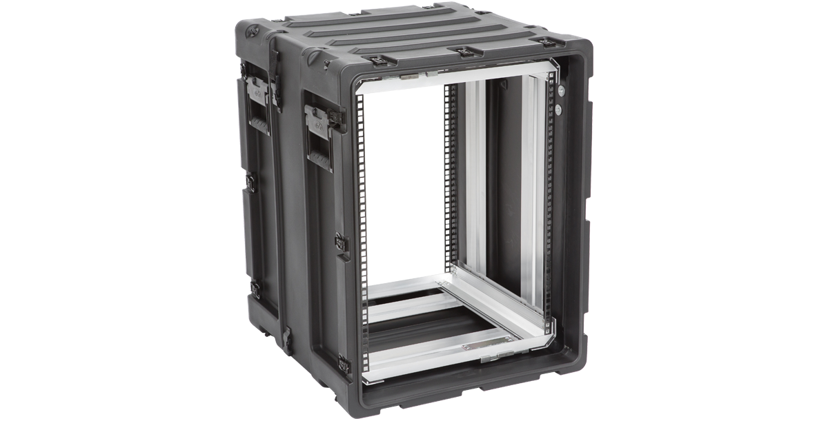 Angled front-right view of 14U Shock Rack Case - 20-inch Shock Rack featuring rugged handles and shock-absorbing frame for sensitive electronics.