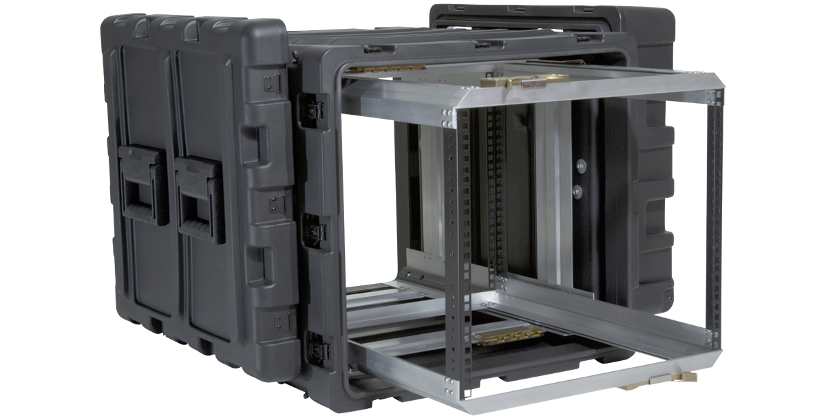 Side-open view of 24-Inch Shockproof Rack Case showing internal shock-mounted frame for sensitive electronics and audio gear.