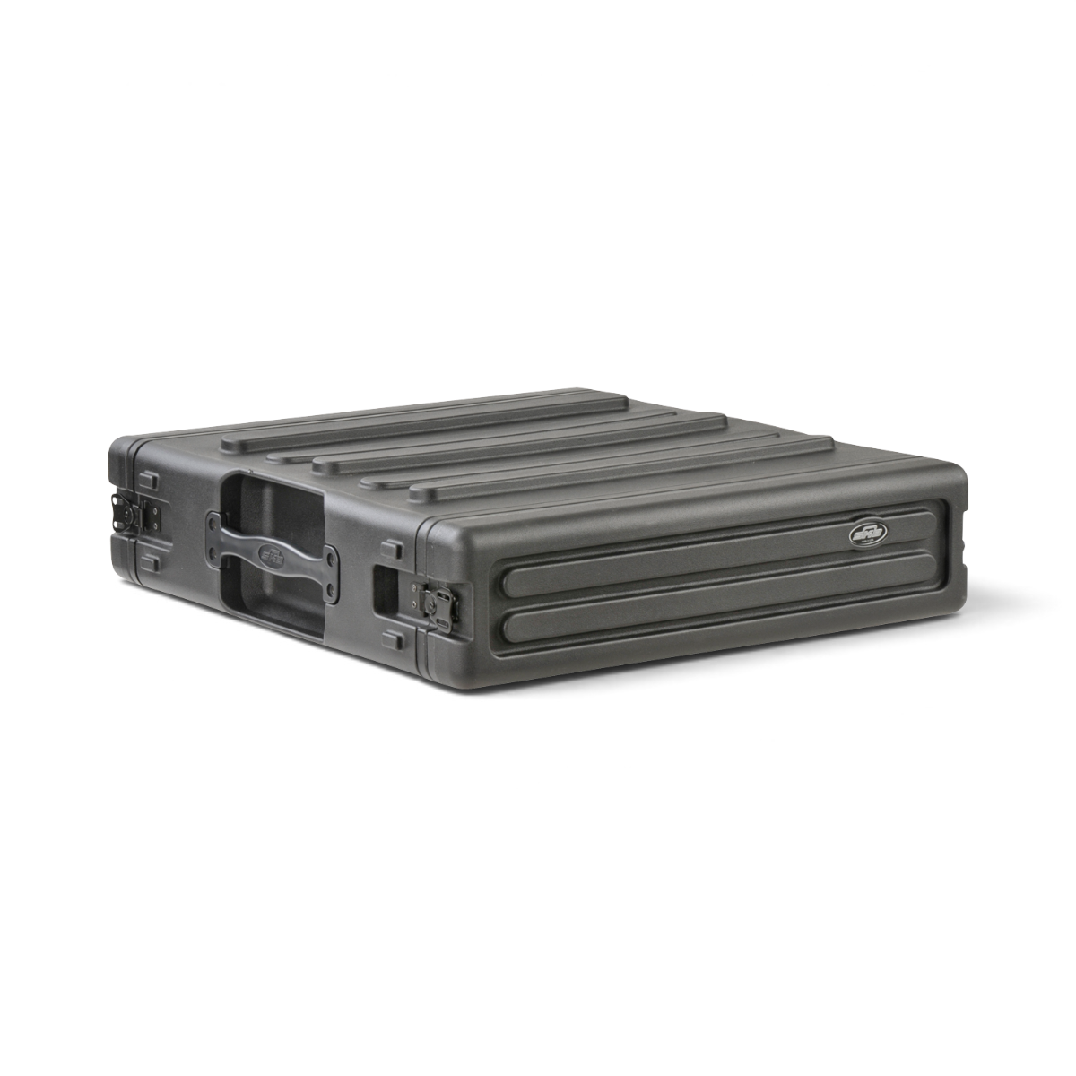 Side angle of 2U SKB Standard Roto Rack - Durable Design, featuring molded handles and reinforced corners for easy handling and durability.