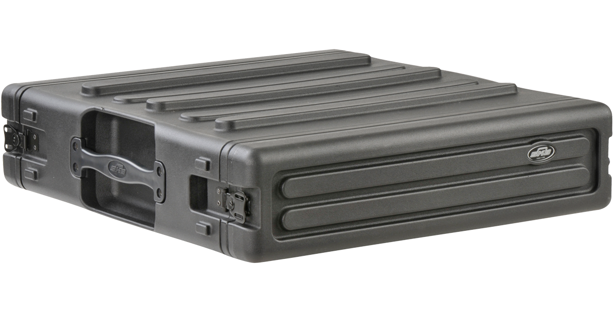 Side angle of 2U SKB Standard Roto Rack - Durable Design, featuring molded handles and reinforced corners for easy handling and durability.