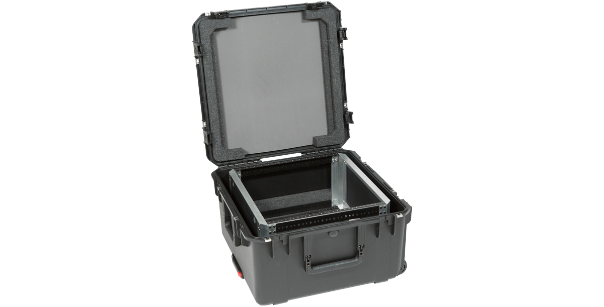 Side angle of 10U Shock Rack iSeries Fly Rack, lid open to show internal rack rails and shock-absorbing foam lining.
