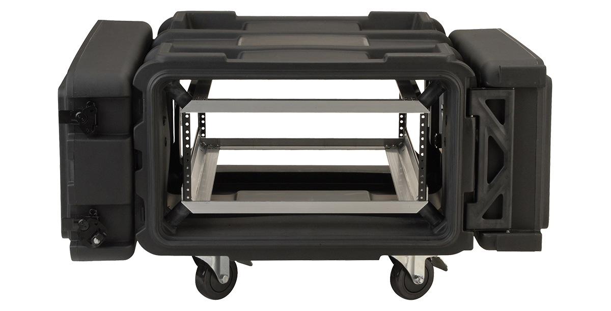 24 inch shock rack with open front and rear access, showing deep interior and shock-absorbing frame for sensitive equipment protection.
