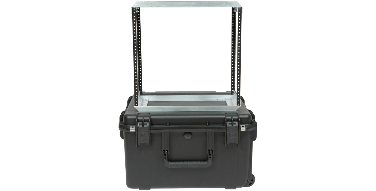 Front view of empty 10U Shock Rack iSeries Fly Rack, emphasizing its vertical rack space and protective outer shell.