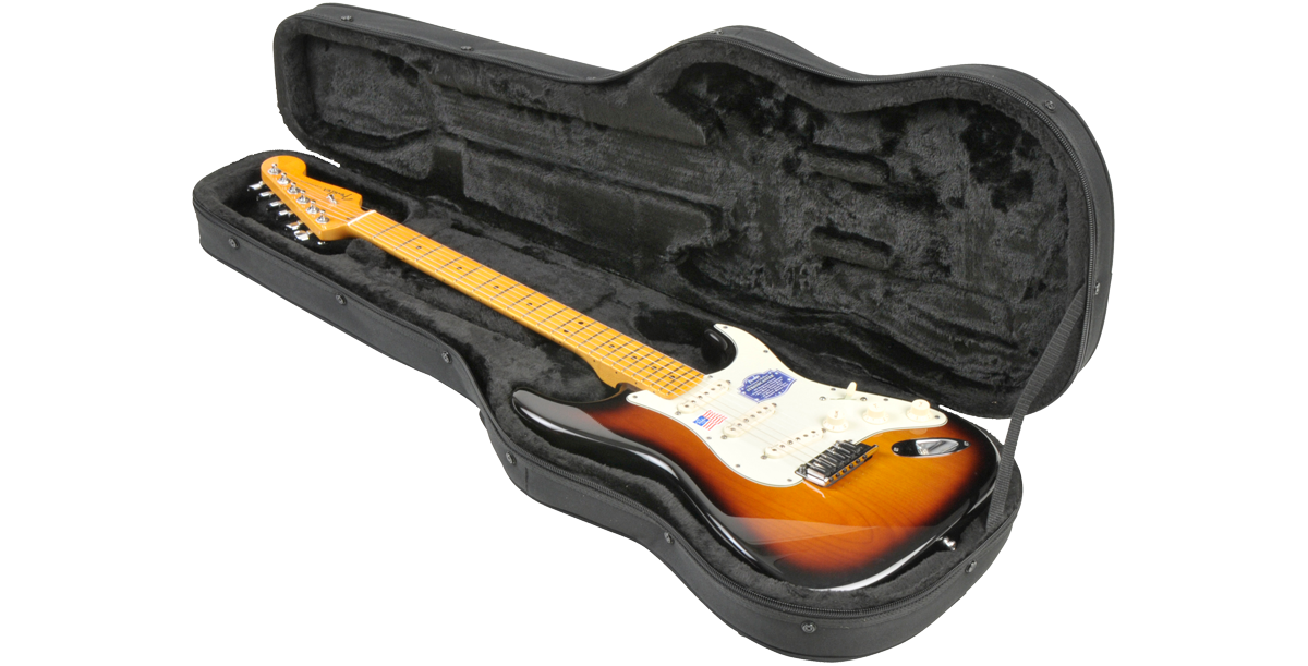 Electric Guitar Soft Case Universal Fit open with a Strat-style guitar inside, highlighting the molded foam interior for secure and stylish protection.