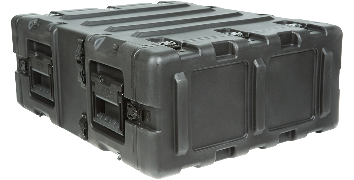 Rear-side view of 20 Inch Shock Rack - 3U RR Series with rugged black casing and ergonomic handles for professional use.