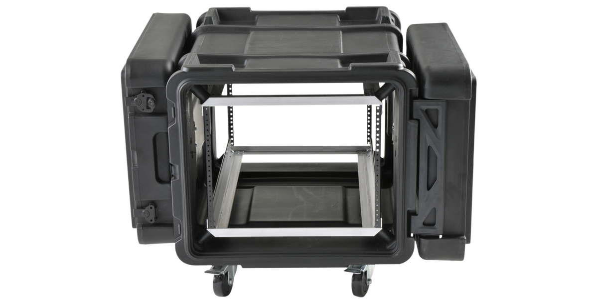 Front view of 30-inch Shock Rack - 8U with MIL-SPEC sealing, featuring open access and internal rackmount rails for IT and pro-audio equipment.