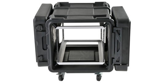 Front view of 30-inch Shock Rack - 8U with MIL-SPEC sealing, featuring open access and internal rackmount rails for IT and pro-audio equipment.