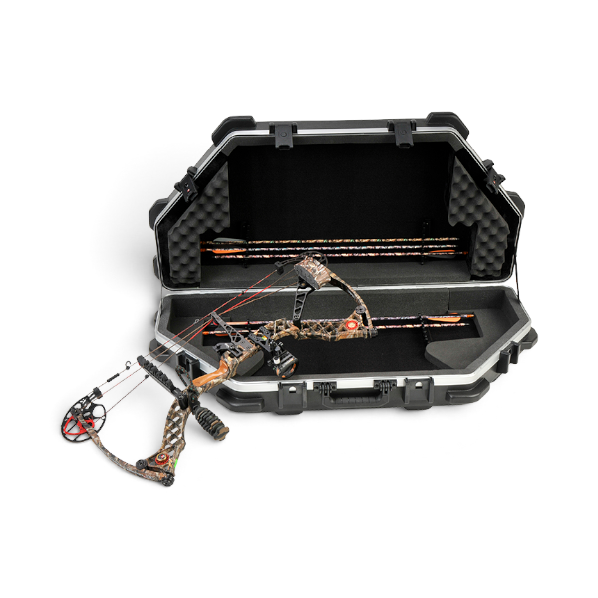SKB Cases ATA parallel limb bow case in black with foam interior, holding a camo compound bow and arrows