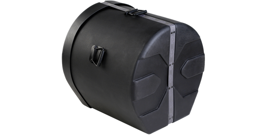 Angled view of 18 x 20 bass drum case showing ergonomic side handles and rugged stackable design for percussion storage.