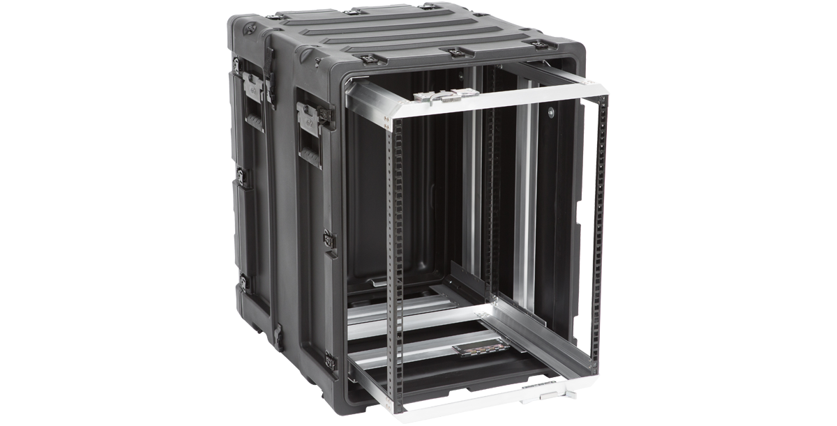 Open front-left view of 14U Shock Rack Case - 20-inch Shock Rack showing internal aluminum frame and shock-absorbing mounts for electronics.