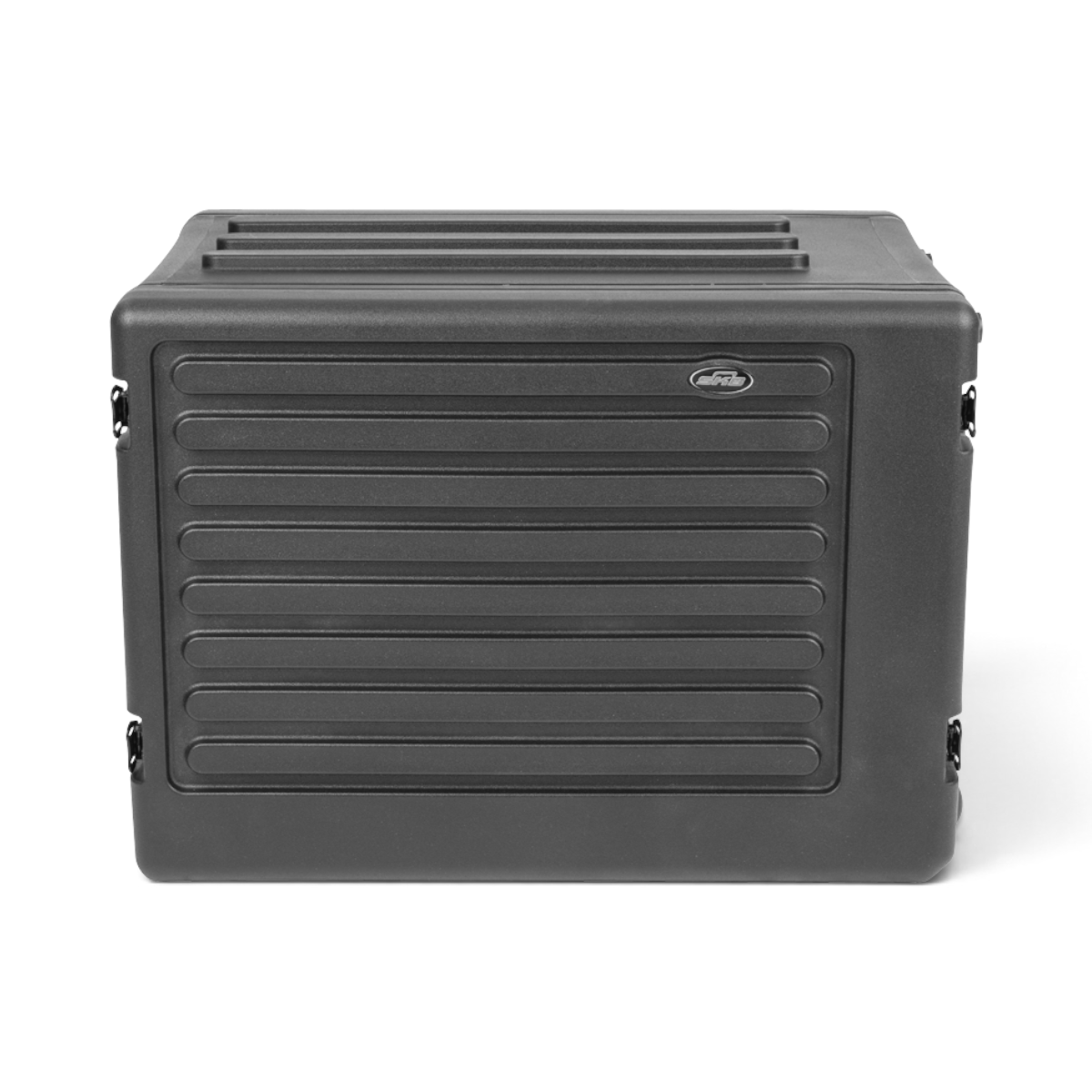 SKB Cases 8U rSeries shallow rolling rack in black roto-molded polyethylene with recessed latches and side wheels.