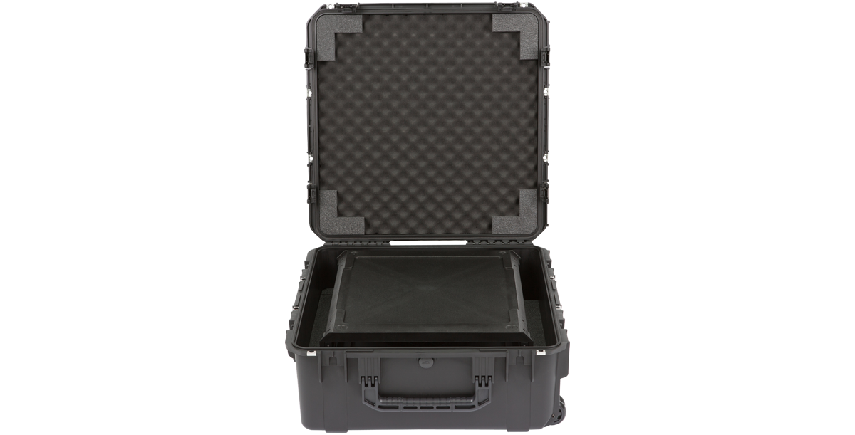Open waterproof case with foam interior housing the 3U iSeries Fly Rack, designed for safe transport of sensitive equipment.