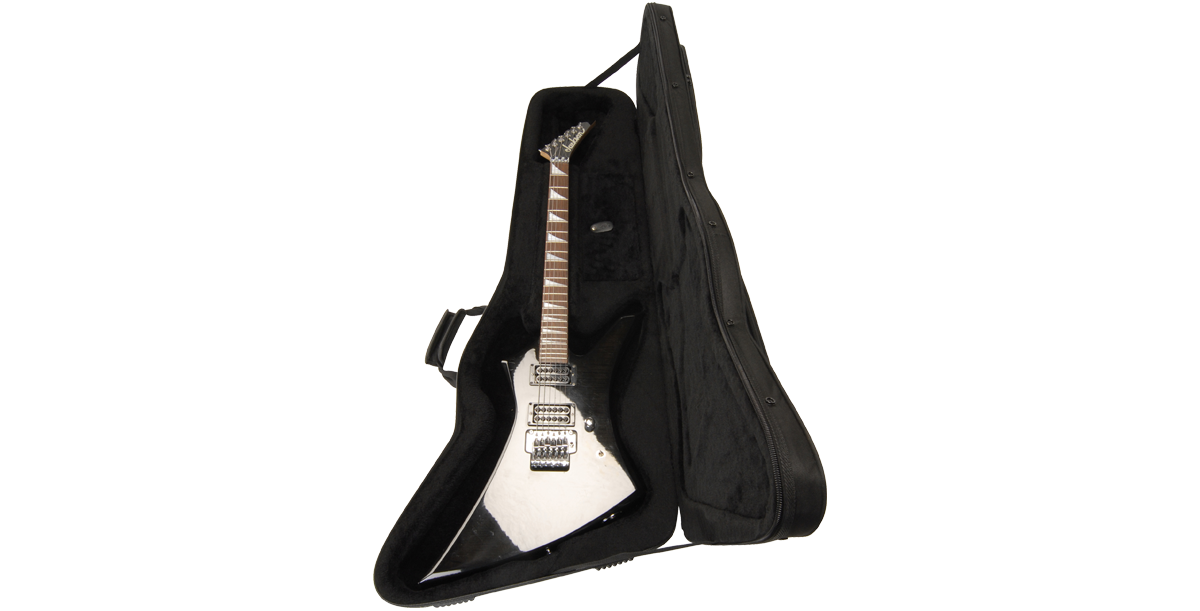 Explorer guitar inside soft case with plush interior and molded foam support for superior protection during transport or storage.