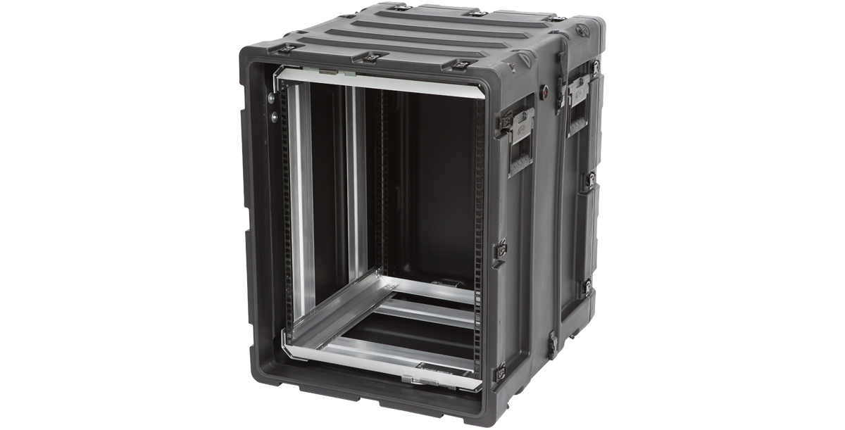 Angled rear-right view of 14U Shock Rack Case - 20-inch Shock Rack showing rugged exterior and lightweight design for professional transport needs.