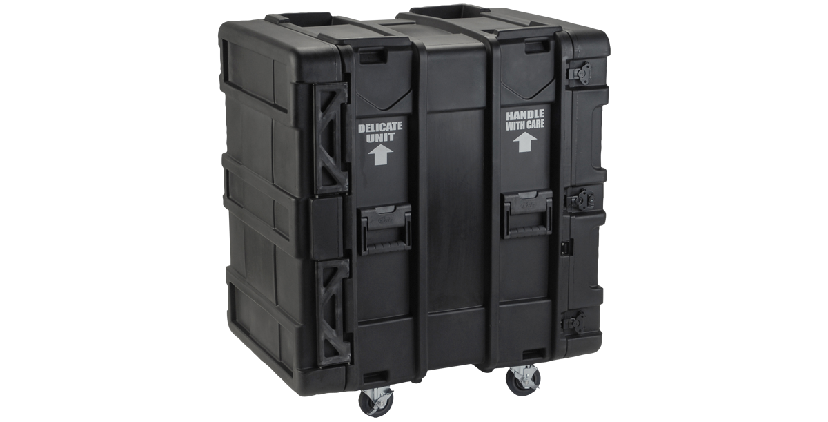 Side angle of 24-Inch Shock Rack - rSeries 16U highlighting reinforced corners and durable shell for IT and pro-audio use.