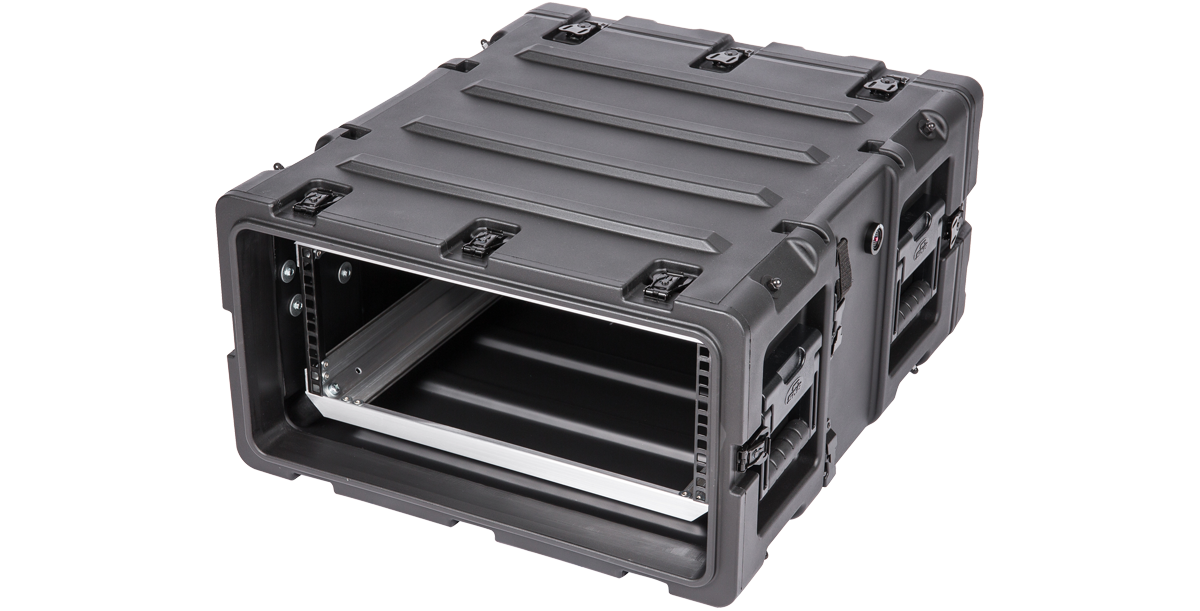 Side-angled 4U RS Series Shock Rack - 20 Inch Deep with ergonomic handles and secure latches for easy transport and protection.