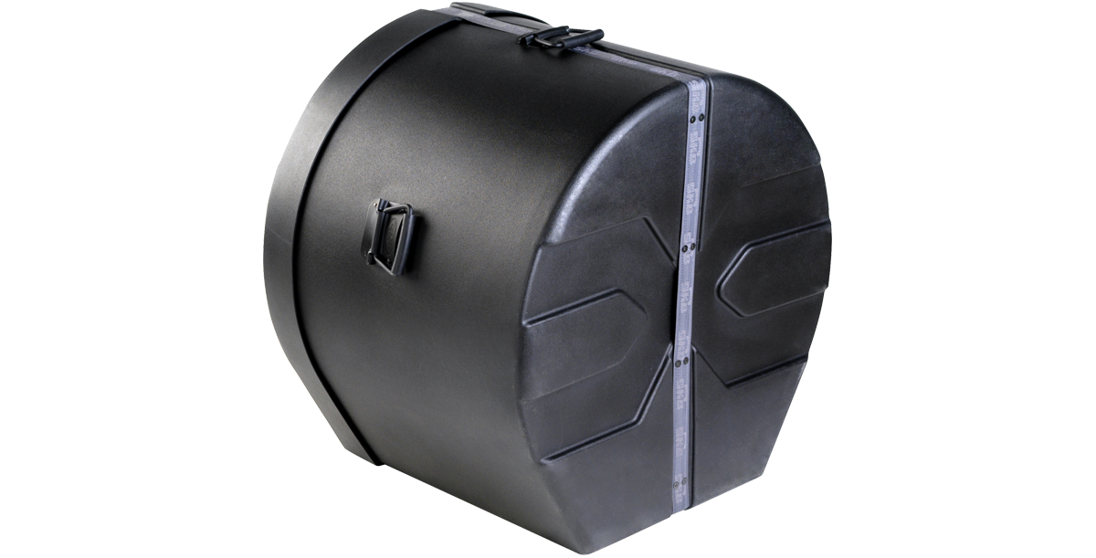 Angled side view of 20 x 22 bass drum case showing molded handles and rugged exterior for safe drum storage and mobility.
