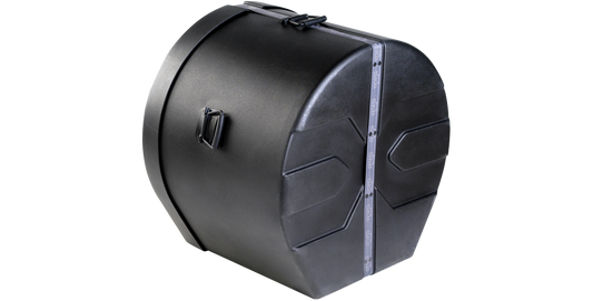 Angled side view of 20 x 22 bass drum case showing molded handles and rugged exterior for safe drum storage and mobility.