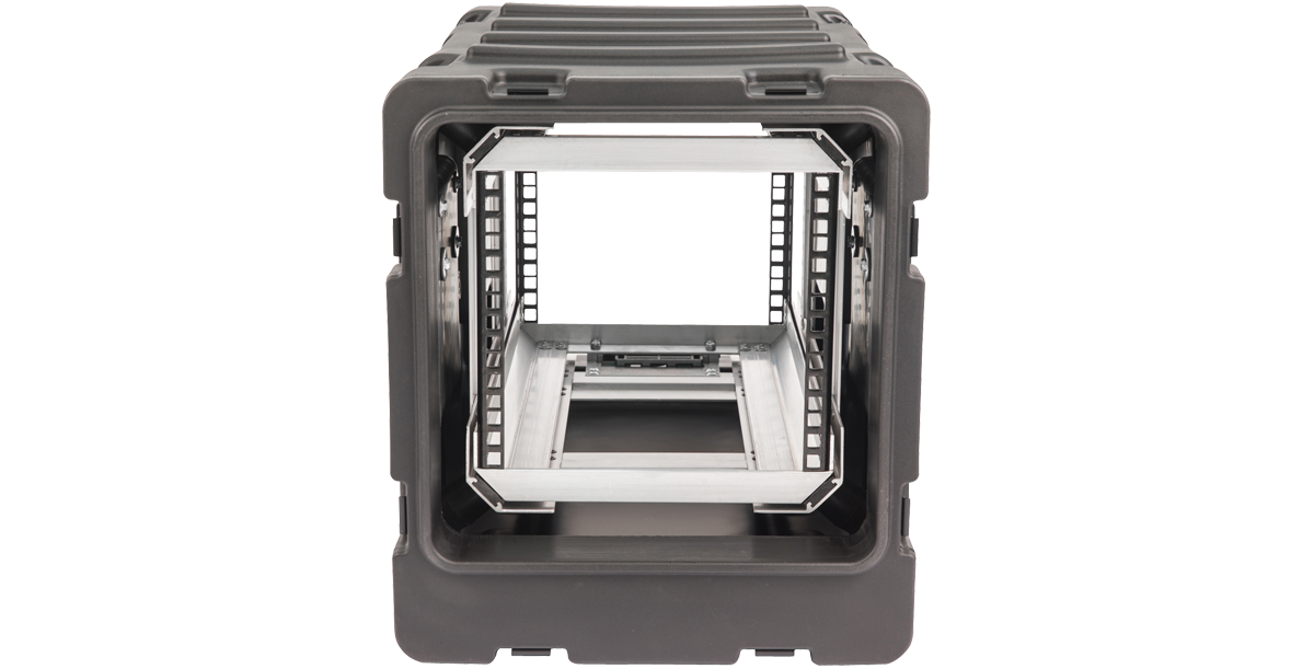 Front view of 20-inch Shock Rack Case by SKB highlighting internal shock-mounted frame for vibration protection during transit.