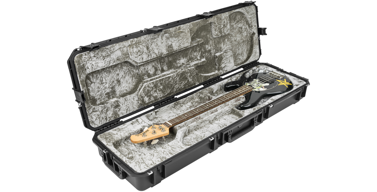 Angled open view of iSeries Waterproof StingRay Bass Case with bass guitar inside, highlighting plush molded interior and rugged shell.