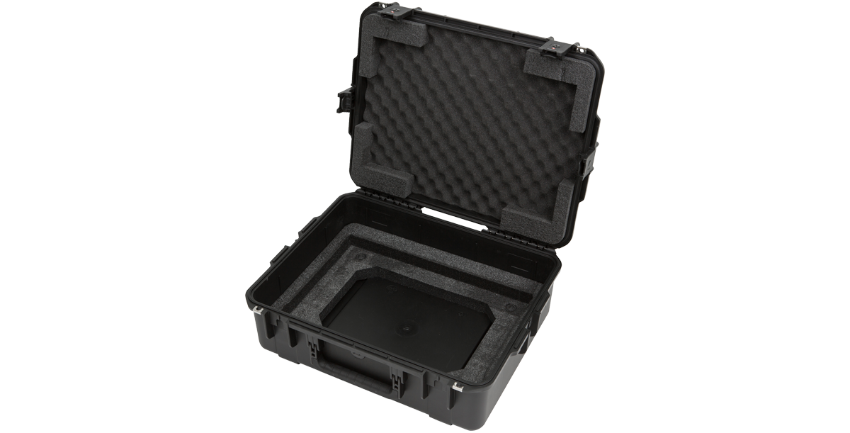 Injection Molded Fly Rack 2U Case open with rack removed, showing interior foam cutout for snug equipment placement.